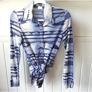 Vintage 70s Shirt Womens Small Blue Scenic Landscape Print Polyester Mesh Retro